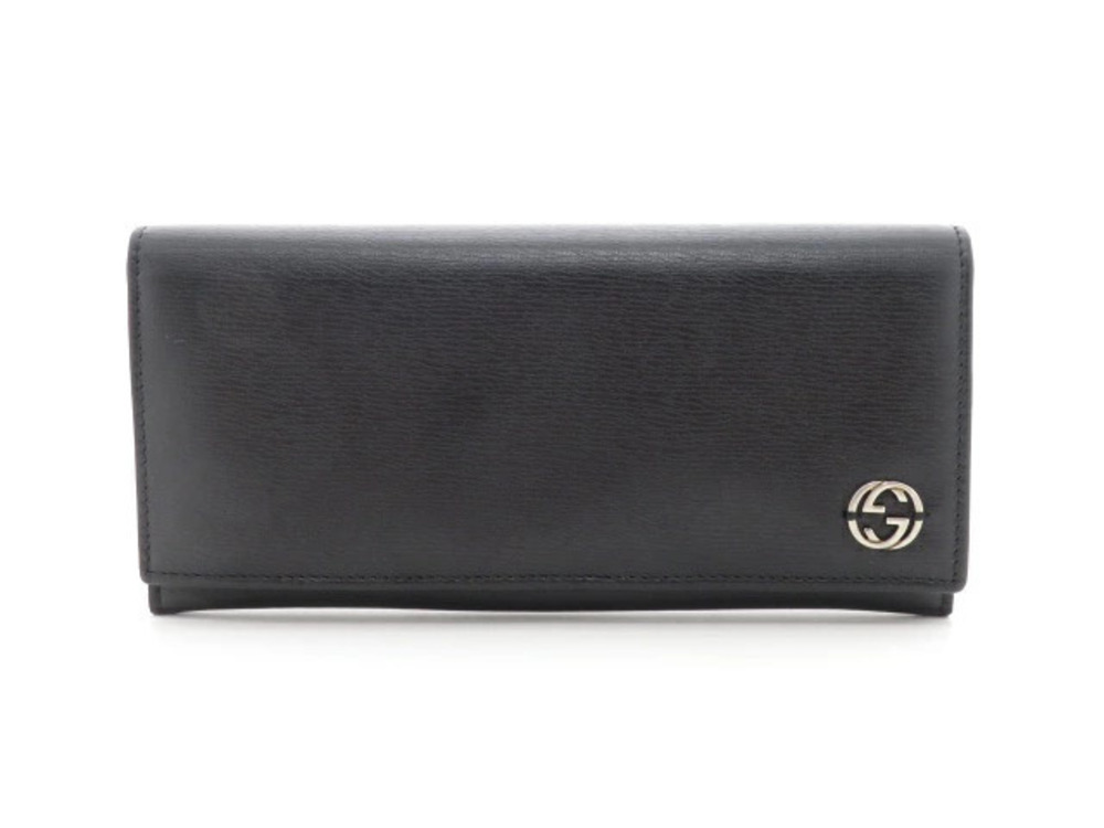 Gucci Interlocking G Bi fold Zip Long Wallet Black Leather